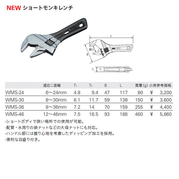 KTC ショートモンキーレンチ(ショートモンキレンチ) (WMS-24)(4989433206738) 京都機械工具