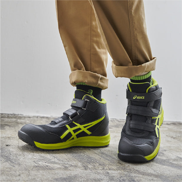 [新作] アシックス 安全靴 ウィンジョブ CP216 ブラック×ネオンライム (1273A076.001) ASICS ハイカット ベルトタイプ メッシュ おしゃれ かっこいい 作業靴 スニーカー 黒 黄緑 3E ミッドカット