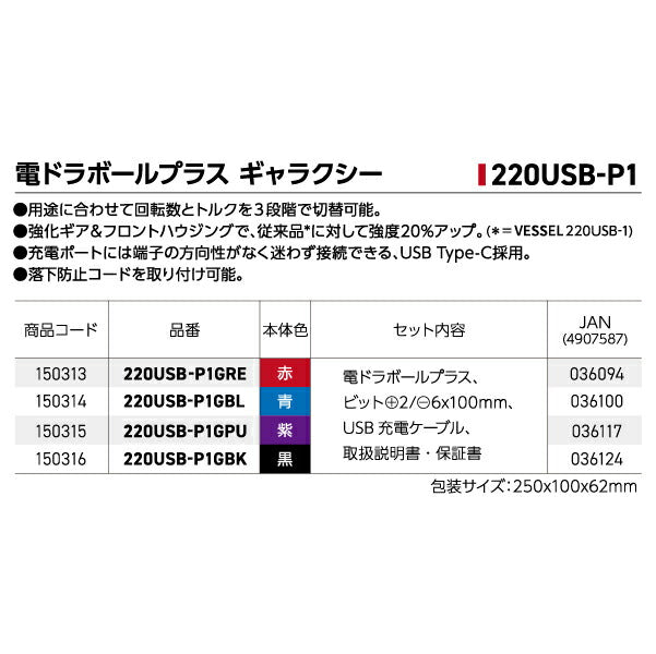 限定カラー ベッセル 220USB-P1GRE 電ドラボールプラス ギャラクシー 赤 リミテッドカラートルクを３段階で切替可能 強度20％アップ VESSEL