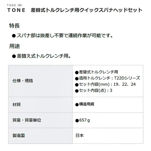 【ワケアリ品】TONE 差替式トルクレンチ用 クイックスパナヘッドセット 22DRSQ30 トネ 工具