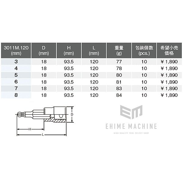 コーケン 3011M-120-6 9.5sq. ハンドソケット ヘックスビットソケット(ボールポイント) Ko-ken 工具