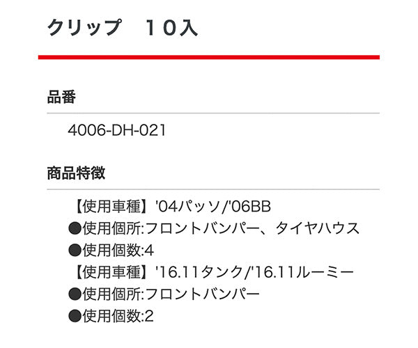 ムーブオン DH-021 クリップ 10入 グリル ボディサイドモール タイヤハウス カウルトップ エンジンカバーロアー用 車 自動車 クリップ