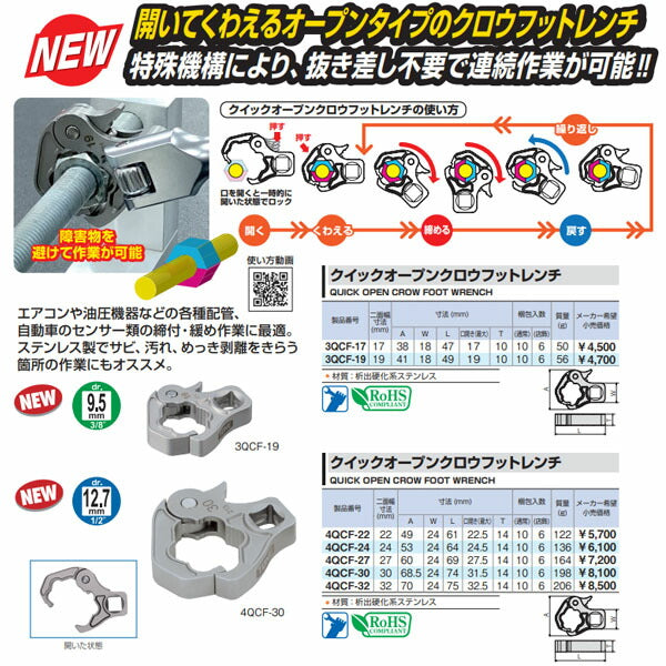 TONE クイックオープンクロウフットレンチ 対辺寸法22mm 差込角12.7mm