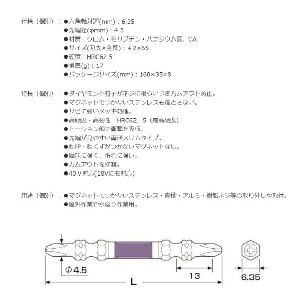 ANEX ダイヤモンド龍靭ビット1本組 (+)2X65 ADRS-2065 40Vインパクト対応 (18Vにも対応) ネジに喰いつきカムアウト防止 兼古製作所