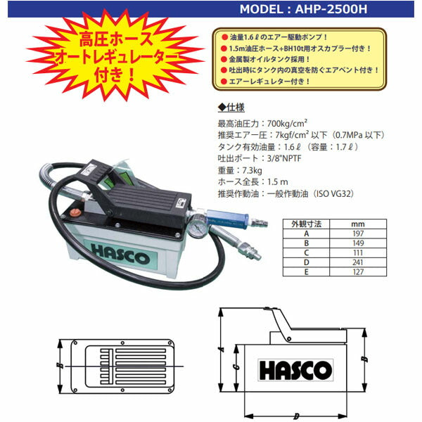 ハスコー エアーハイドロポンプII（ホース／ゲージ付） AHP-2500H (4940995498542) HASCO エア駆動油圧ポンプ 1.6L