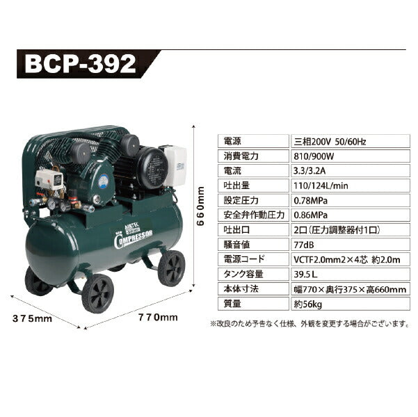 [メーカー直送業者便] AIRTEC 三相200Vエアーコンプレッサー ベルト式 BCP-392 現場用コンプレッサー NAKATOMI ナカトミ