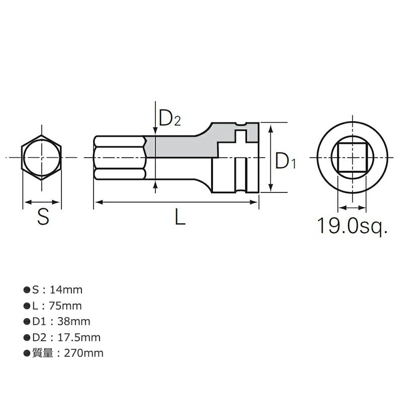 KTC BTP6-14P 19.0sq. インパクトレンチ用ヘキサゴンレンチ 京都機械工具 六角レンチ