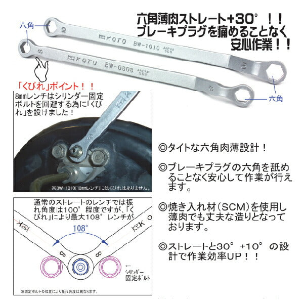 KOTO BW-0808 ブレーキブリーダープラグレンチ 8mm 江東産業 工具 タイトな六角設計 ブレーキプラグの六角を舐めることなく安心