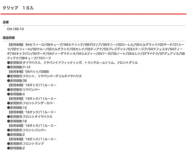 ムーブオン CN-196 クリップ 10入 タイヤハウス リヤバンイドフイッティング トランクルームトリム フロントグリル用 車 自動車 クリップ