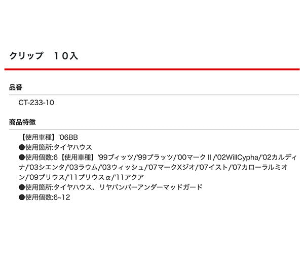 ムーブオン CT-233 クリップ 10入 タイヤハウス用 車 自動車 クリップ