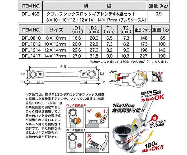 Pro-Auto プロオート ダブルフレックスロックギアレンチ 4本組セット DFL-4SB