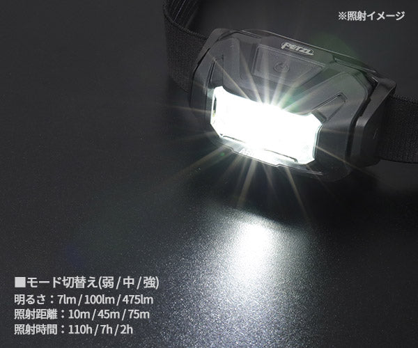 日本正規品 ペツル アリア 1R RGB ブラック ヘッドランプ 475ルーメン IP67 防水 防塵 耐衝撃 充電式 コア付属 (E069DB00)(3342540850712) PETZL