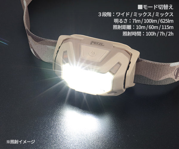日本正規品 ペツル アリア 2R RGB カモフラージュ ヘッドランプ 625ルーメン IP67 防水 防塵 耐衝撃 充電式 コア付属 (E070DA01)(3342540850767) PETZL
