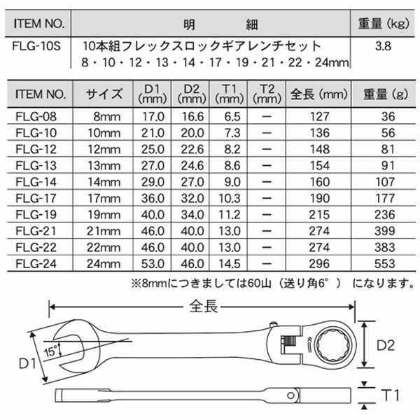 プロオート FLG-10S 10本組 フレックスロックギアレンチセット (4989530609166) Pro-Auto