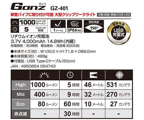 [26SS新商品] ジェントス Ganz 充電式LEDワークライト 伸縮式大型クリップライト GZ-401 (4950654054743) GENTOS