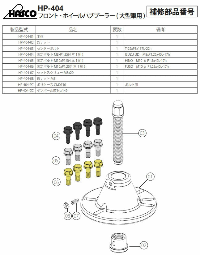 ハスコー 固定ボルト M10×P1.5 4本組 日野用（白/クローム）(HP-404-05)(4580372205129) HASCO