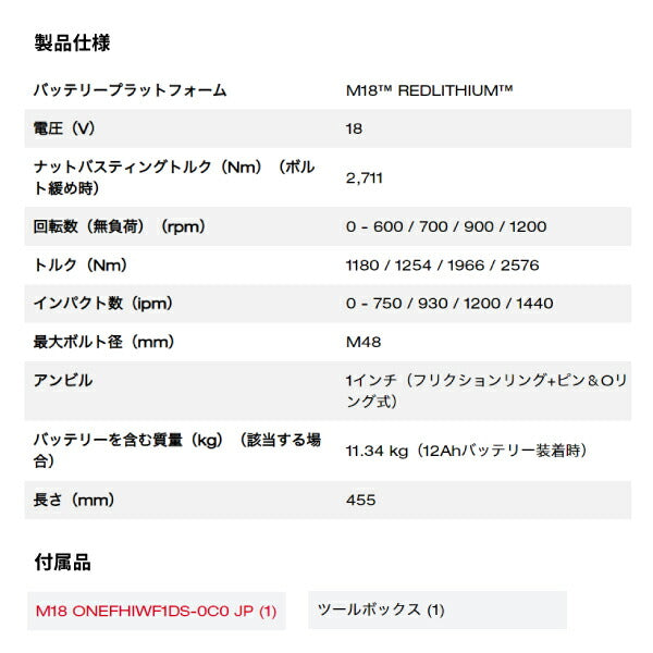 ミルウォーキー M18 FUEL 1インチ 2576Nm ショートノーズインパクトレンチ M18 ONEFHIWF1DS-0C0 JP 25.4sq. 大型インパクトレンチ