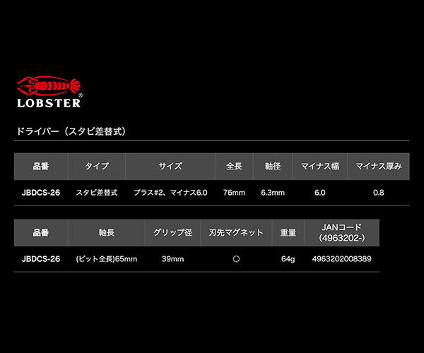 ロブテックス J-CRAFT99 ブラックドライバー（スタビ差替式）JBDCS-26 ジェークラフト ツーナインズ ロブスター