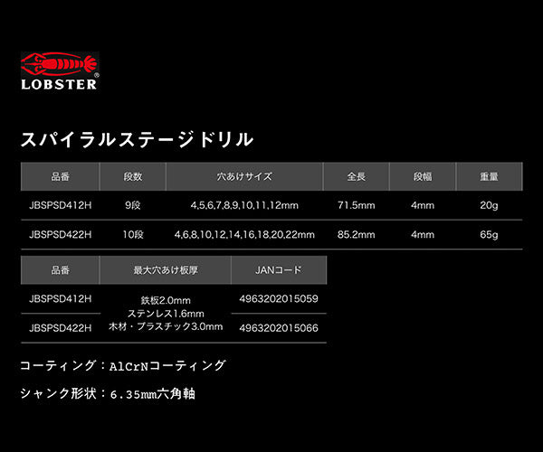 ロブテックス J-CRAFT99 JBSPSD412H 4~12mm 9段 スパイラルステージドリル 6.35mm六角軸 Jクラフト ツーナインズ ロブスター LOBSTER LOBTEX