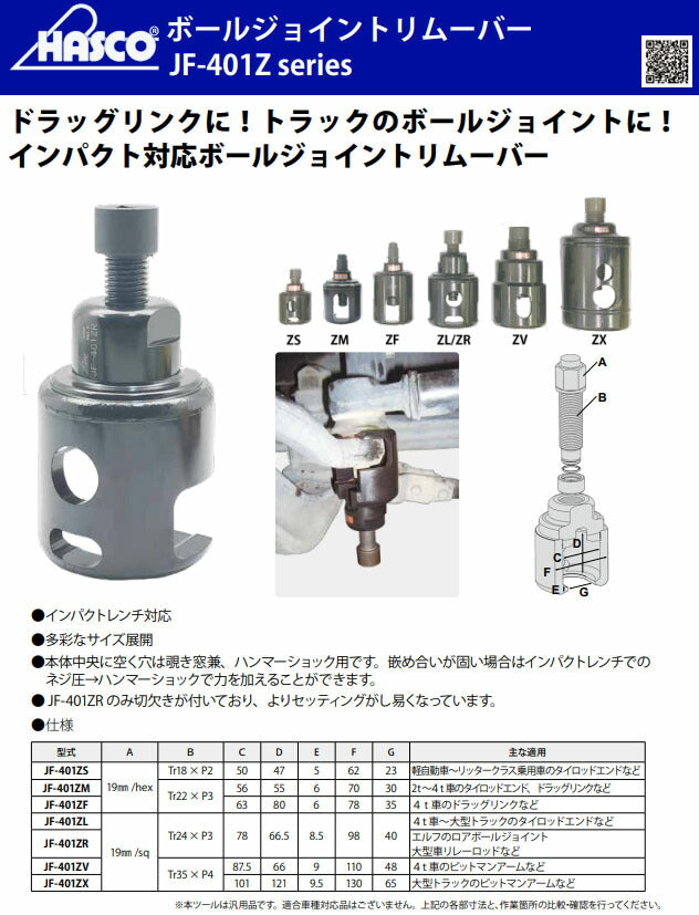 ハスコー センターボルトASSY ZF (JF-401ZF-03)(4940995798093) JF-401Zシリーズ ボールジョイントリムーバー用 補修部品 HASCO