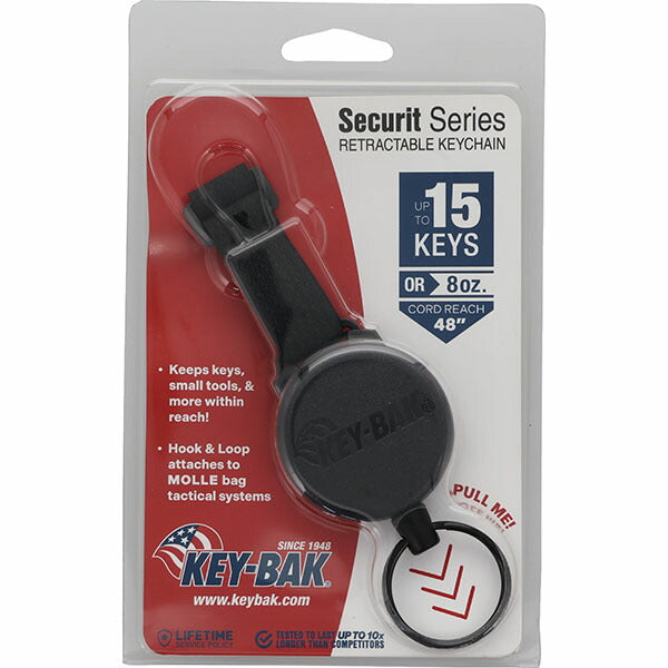 日本正規品 キーバック リトラクタブルキーチェーン SECURIT (0488-8221) (0088056917428) 48インチ MOLLE対応 フック＆ループストラップ ブラック 耐荷重225g 鍵15本対応 KEY-BAK