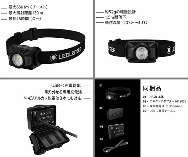 [26AW新商品] 日本正規品 レッドレンザー 充電式ヘッドライト HF4R ブラック 650ルーメン 乾電池両用 軽量92g USB-C充電 (503317)(4058205042666) Ledlenser