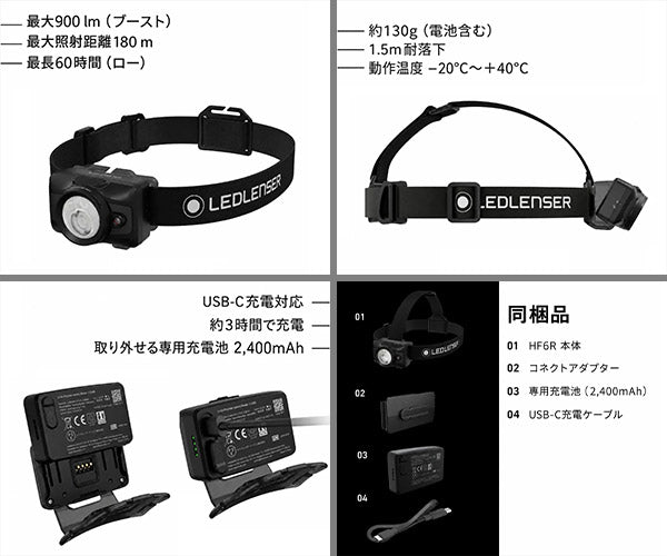 [26AW新商品] 日本正規品 レッドレンザー 充電式ヘッドライト HF6R 900ルーメン ALB搭載 自動調光 USB-C充電 軽量130g IP67 (503319)(4058205042703) Ledlenser