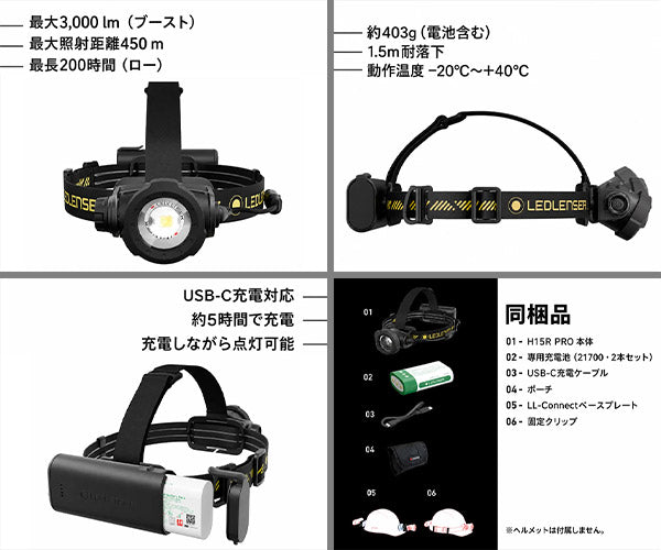 [26AW新商品] 日本正規品 レッドレンザー 充電式ヘッドライト H15R PRO 3000ルーメン 最長450m ヘルメット対応 USB-C充電 (503354)(4058205043557) Ledlenser