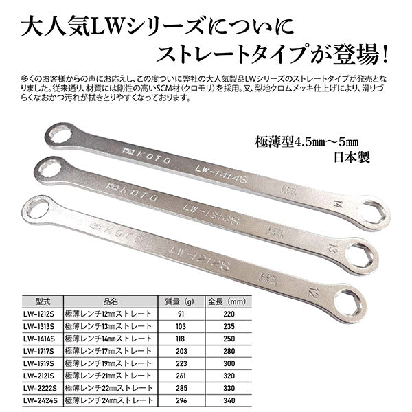 KOTO 6角x12角 極薄めがねレンチ LW-1212S サイズ12mm ストレートタイプ なめにくい六角と早回しできる十二角の組合せ極薄レンチ 江東産業