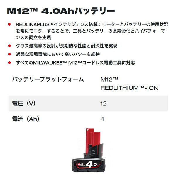 ミルウォーキー M12 4.0Ah＆6.0Ah FCスタートキット M12-18 NRG-642 JP Milwaukee 3.0Ah 6.0Ah バッテリー M12-M18兼用充電器 セット 電動工具