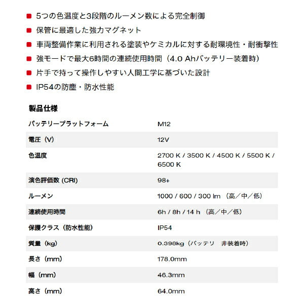 ミルウォーキー M12 板金塗装用調色ライト M12 CML-0 APJ 5つの色温度と3段階のルーメン数完全制御 充電式調色ライト 耐環境性・耐衝撃性