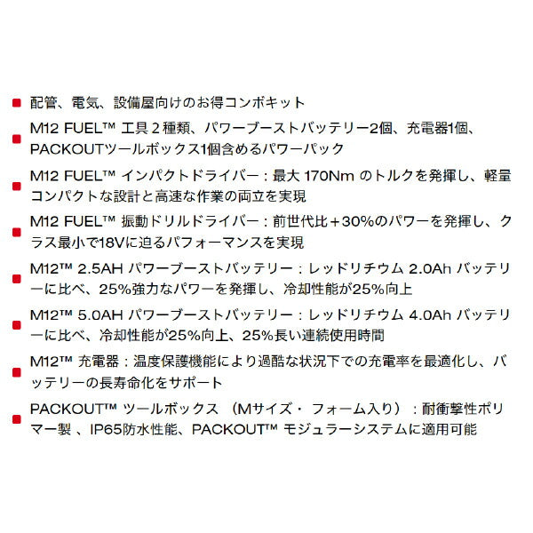 ミルウォーキー M12 FUEL パワーパック（振動ドリル、インパクトドライバー） M12 FPP2A2-5252P JP 配管、電気、設備向けセット