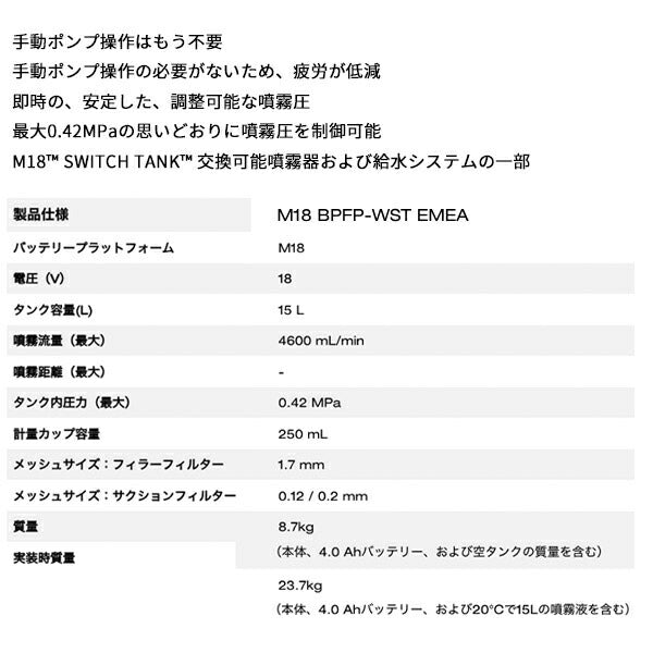 ミルウォーキー M18 BPFP-WST EMEA M18 SWITCH TANK 給水タンク用 15Lタンク