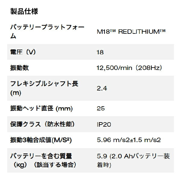 ミルウォーキー M18 FUEL 2.4m コンクリートバイブレーター M18 FCVN24-0 JP 生コン振動脱泡