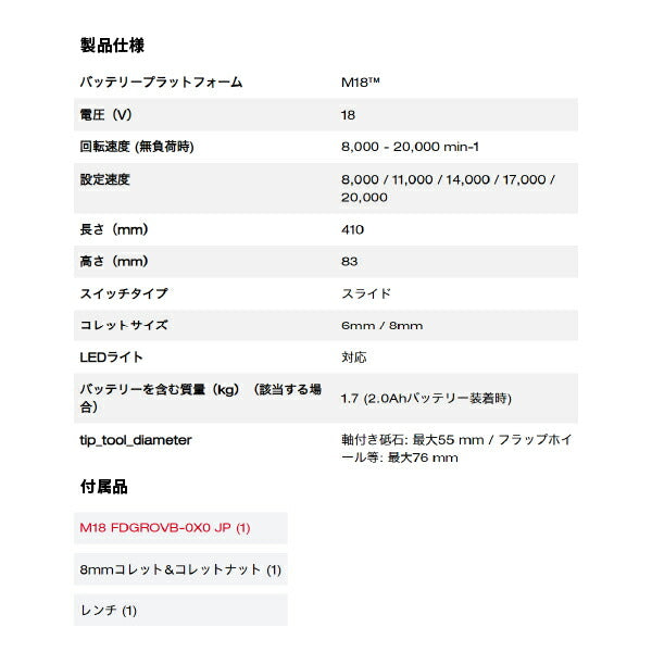 ミルウォーキー M18 FUEL 変速ハンドグラインダー M18 FDGROVB-0X0 JP コレットサイズ：6mm/8mm 用途に合わせて5段階の速度調整可能 充電式グラインダー