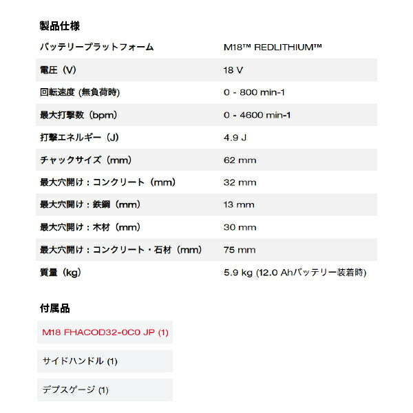 ミルウォーキー M18 FUEL 32mm SDS-PLUS D ハンドルハンマードリル M18 FHACOD32-0C0 JP 充電式ハンマードリル ハンマドリル