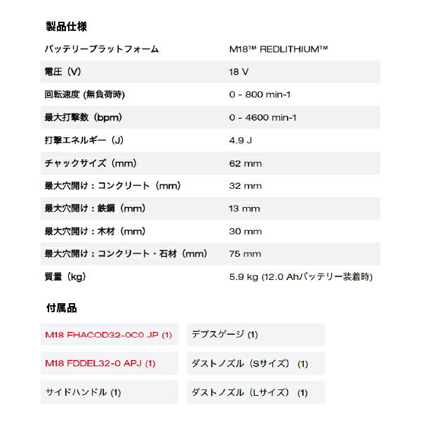 ミルウォーキー M18 FUEL 32mm SDS-PLUS D ハンドルハンマードリル集塵機キット M18 FHPDDEXL-0C JP ハンドル集じんアダプター付 充電式ハンマードリルセット