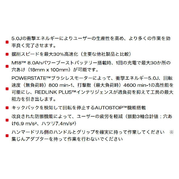 ミルウォーキー M18 FUEL 32mm SDS-PLUS ハンマードリル M18 FHPX-0X0 JP 充電式ハンマードリル 5.0J衝撃エネルギー