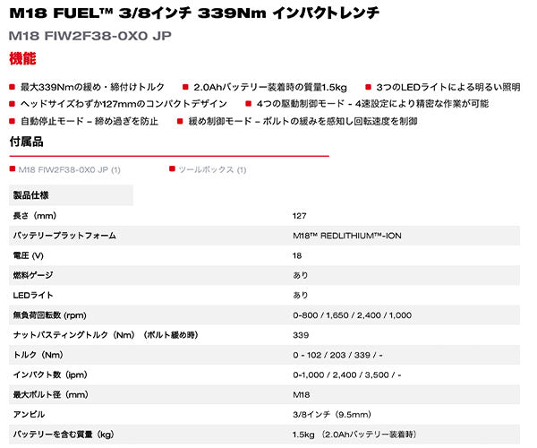 【ワケあり特価品】 (状態A) 日本正規品 ミルウォーキー M18 FUEL 3/8インチ339Nmインパクトレンチ (M18 FIW2F38-0X0 JP)(4573592031364) milwaukee
