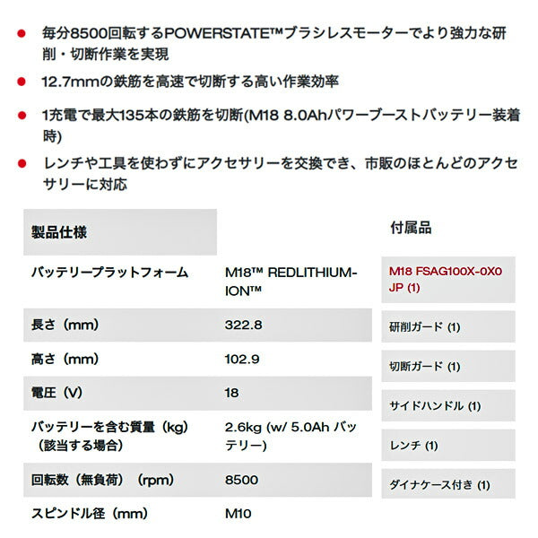 M18B2JP】バッテリー特典付 ミルウォーキー 100mmコードレス電動