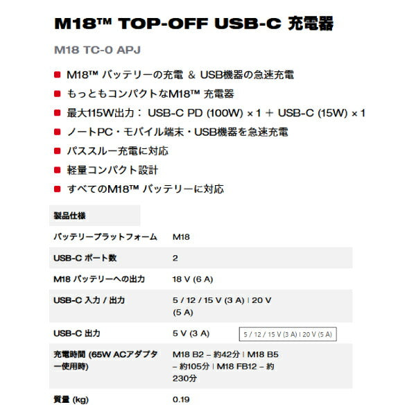 [26SS新商品] ミルウォーキー M18 TOP-OFF USB-C 充電器 100W出力 コンパクトモデル (M18 TC-0 APJ)(4573592060500) Milwaukee