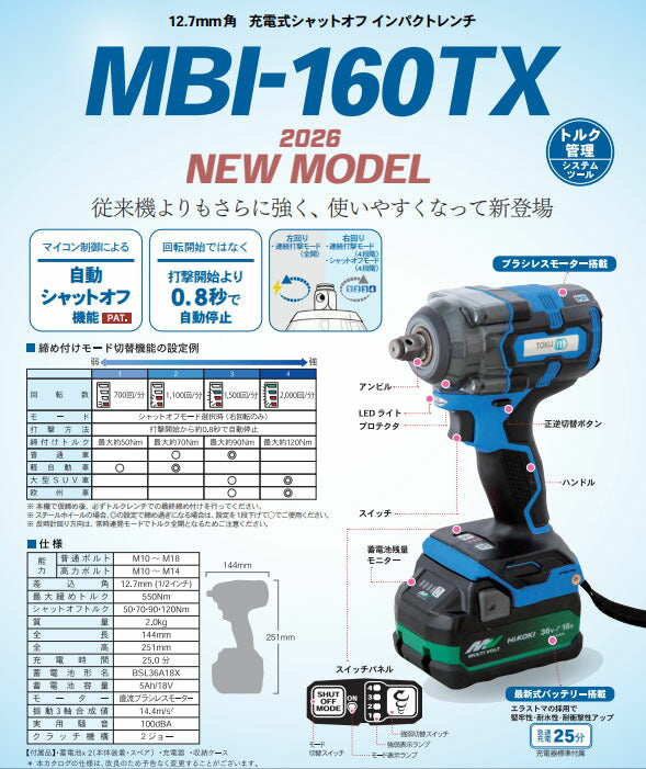 [26SS新商品] TOKU 12.7sq充電式シャットオフインパクトレンチ MBI-160TX 18V 5Ah 550N・m 急速充電25分 (4562185603842) 東空販売