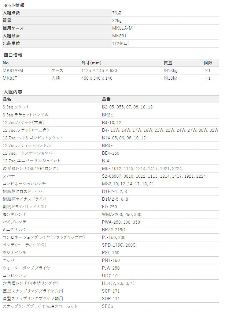 [メーカー直送業者便] KTC メカニキット（一般機械整備向け）[76点] (MK83)(4989433985855) KTC 工具セット ツールセット