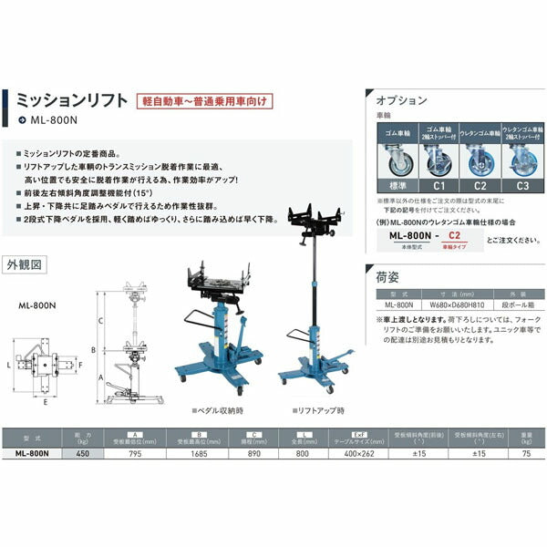 [メーカー直送業者便] 長崎ジャッキ ミッションリフト ゴムタイヤ 2輪ストッパー付 450kg対応 (ML-800N-C1)(4940995779252) NAGASAKI JACK