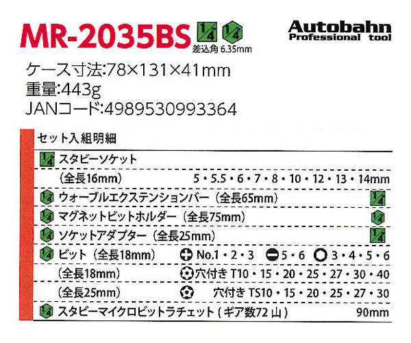 Autobahn 35PC 6.3sq.(1/4) ミニラチェット スタビーソケット&ビットセット (MR-2035BS)(4989530993364) アウトバーン