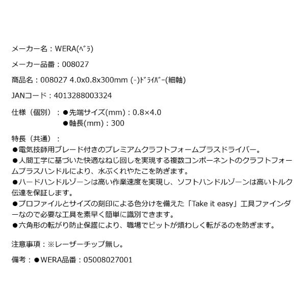 日本正規品 Wera 008027 335 電工用ブレード マイナスドライバー 細軸 先端サイズ0.8x4.0mm 丸軸ドライバー  05008027001 ヴェラ ベラ