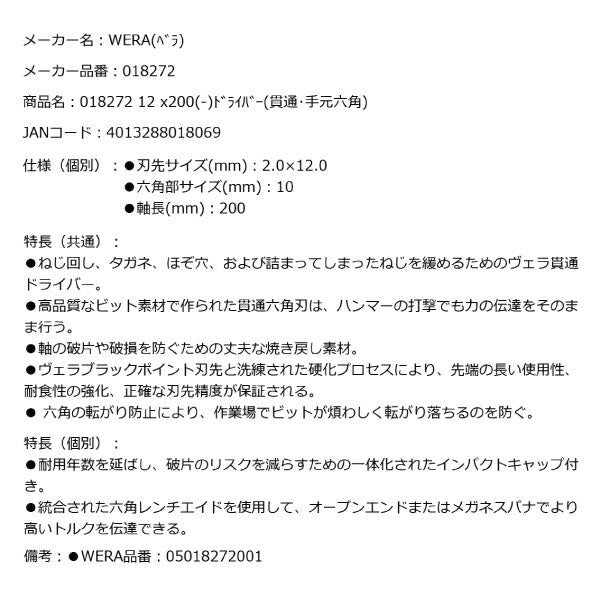 日本正規品 Wera 018272 932ネジノミ 貫通タイプ マイナスドライバー 先端サイズ2.0x12.0mm ネジ締め ハツリ タガネ 05018272001 ヴェラ ベラ