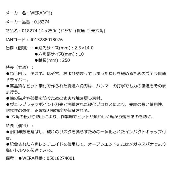 日本正規品 Wera 018274 932ネジノミ 貫通タイプ マイナスドライバー 先端サイズ2.5x14.0mm ネジ締め ハツリ タガネ 05018274001 ヴェラ ベラ