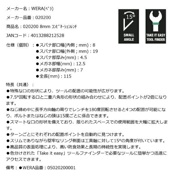 日本正規品 Wera 020200 6003 ジョーカー 進化系コンビネーションレンチ サイズ8mm 十二角スパナメガネレンチ 05020200001 ヴェラ ベラ