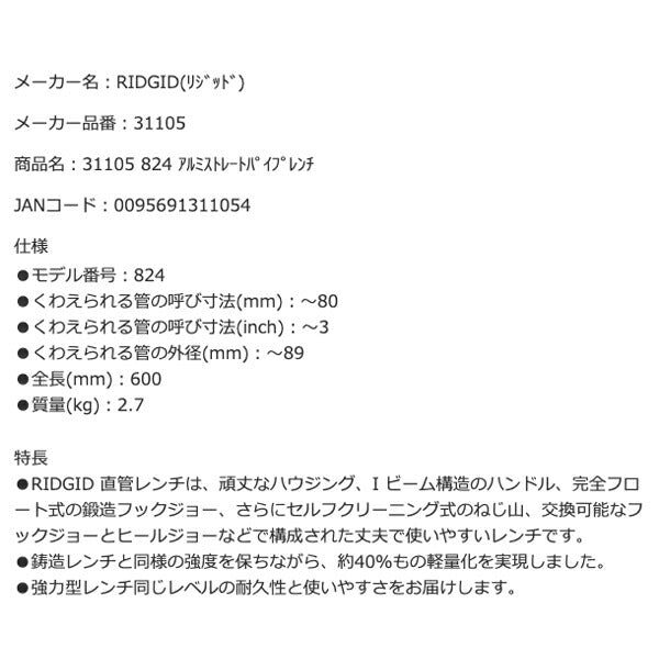 RIDGID リジッド 31105 824 アルミストレートパイプレンチ 全長600mm